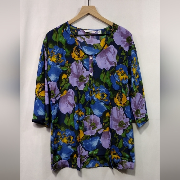 NWOT Isaac Mizrahi Floral Blouse Womens S Blue Purple Artsy Cottagecore Peasant - Picture 1 of 8